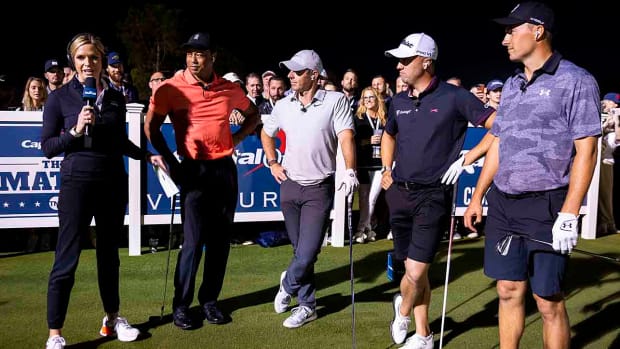 TNT reporter Kathryn Tappen talks to Tiger Woods, Rory McIlroy, Justin Thomas and Jordan Spieth at "The Match."